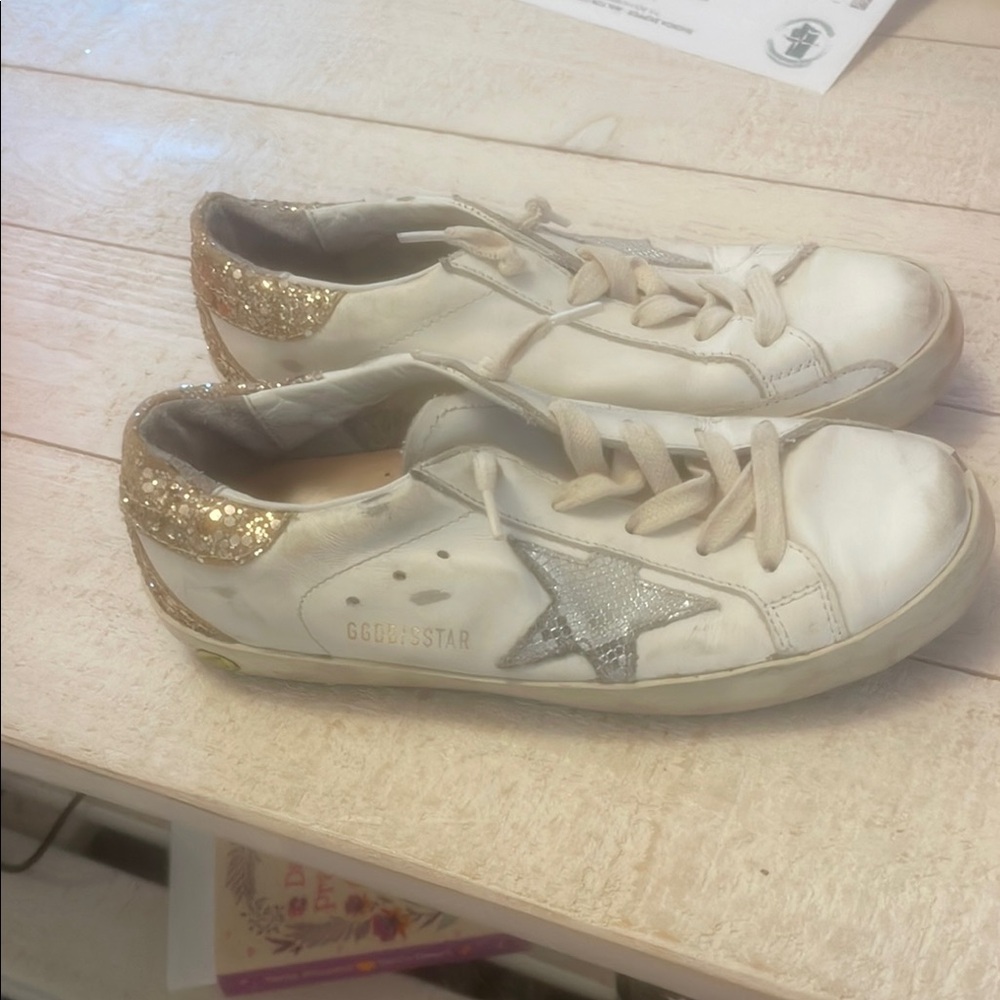 Authentic Golden Goose White Sneakers with Gold and Silver Accents